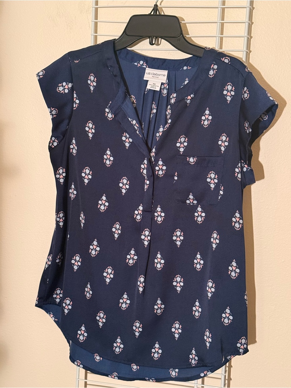 Liz Claiborne Navy Floral-Accent Split V Blouse